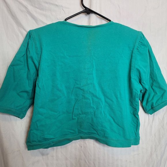 Vintage 80s Button Up Crop Top Short Sleeve Shirt Teal Green Shoulder Pads Large - Picture 8 of 10